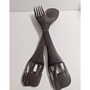 Vintage African Hand Carved Wooden Salad Fork & Spoon 12.5" Elephant  handles